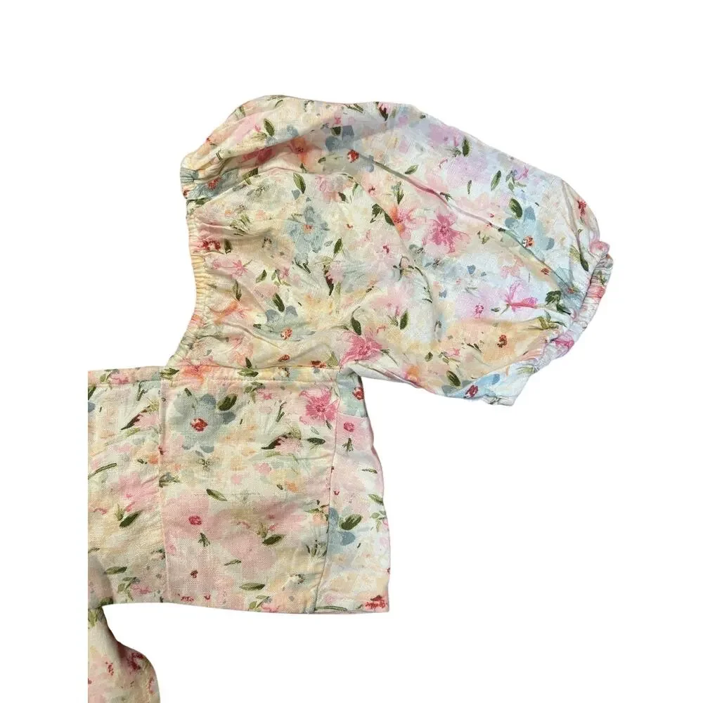 ABERCROMBIE & FITCH Women's MEDIUM Cropped Top Ditsy Floral Linen Puff Sleeve